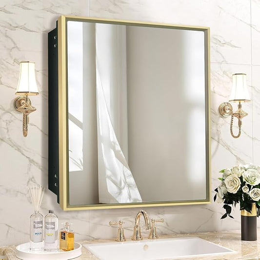 Medicine Cabinet with Mirror Recessed or Surface Mount Farmhouse Style Single Door Mirror Cabinet Square Bathroom Storage, Brushed Gold, 24x24 Inch