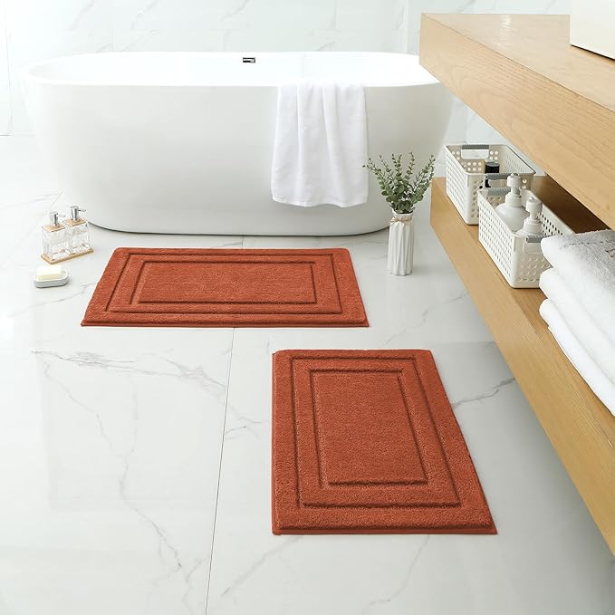 HOMEIDEAS Bathroom Rugs Sets 2 Piece, Super Soft and Absorbent Non Slip Microfiber Machine Washable Bath Mat Set (20" x 32" + 16" x 24", Burnt Orange)