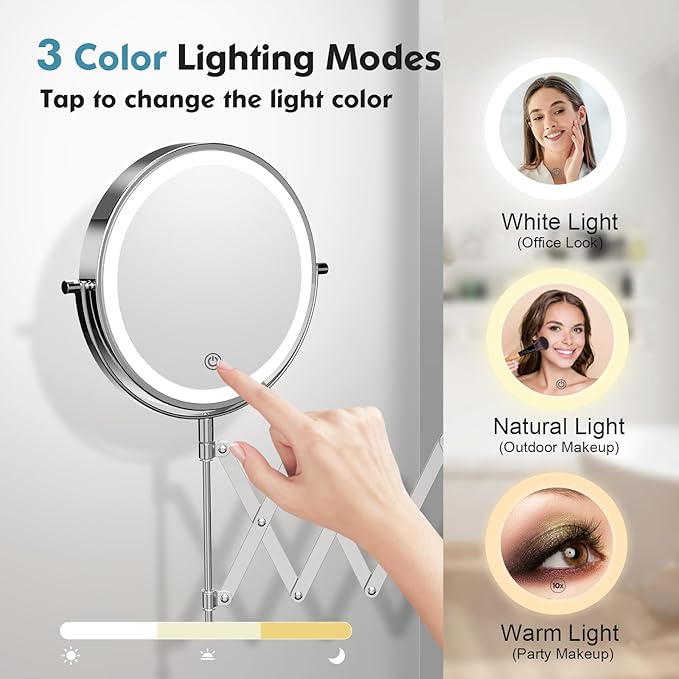 5000mAh Rechargeable Wall Mounted Makeup Mirror - 8 Inch Double Sided 1X/30X Magnifying Mirror with 3 Color Lights Dimmable Touch Screen, 360°Swivel 19.6 Inch Extendable Accordion Bathroom Mirror