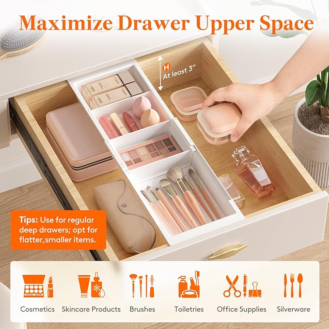 Lifewit Sliding Makeup Drawer Organizer, Fits 13-20" Deep Drawers, Extendable Hanging Divider, 1.8" High Plastic Tray for Vanity, Office, Kitchen, White,1Pcs