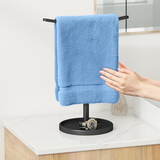 STWWO Hand Towel Holder, Stainless Steel Towel Holder Stand for Bathroom, Kitchen Countertop, T-Shaped Hand Towel Rack Stand, Black