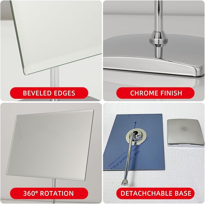 Surdy Large Table Desk Mirror with Stand for Office Desktop, Makeup Vanity and Bathroom Countertop - Personal Adjustable Face Mirror