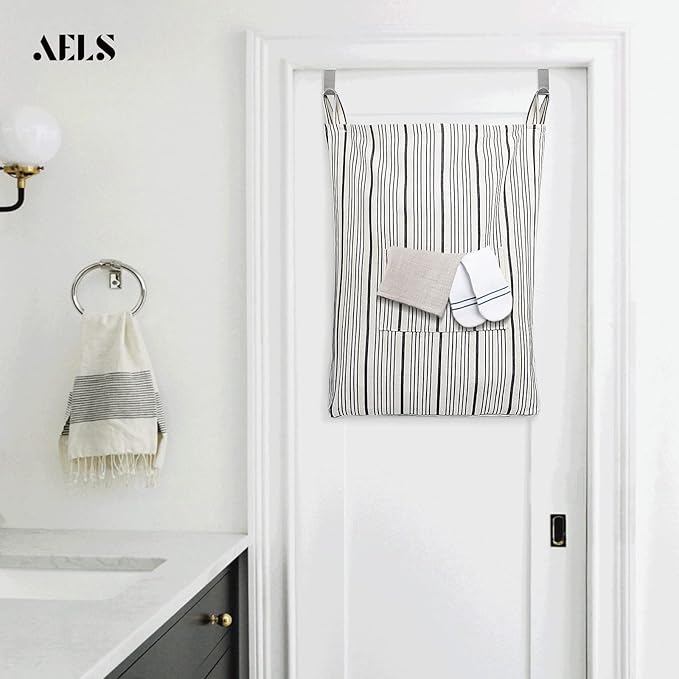AELS Farmhouse Hanging Laundry Hamper with 2 Hooks, Washable Beige & Black Stripes Laundry Bag with Zipper & Wide Open Top, Over the Door Organizer for Dirty Clothes, Space Saving Storage