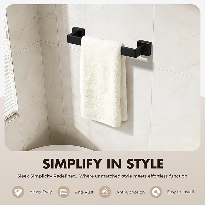 Bathroom Accessories Towel Bar Set: 15 Pieces Matte Black Bathroom Hardware Square SUS304 Stainless Steel - Wall Mounted Towel Rack&Toilet Paper Holder&Towel Ring and Towel Hook