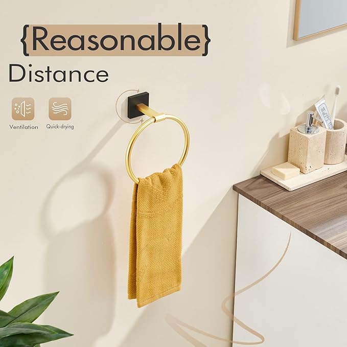 KOKOSIRI Hand Towel Holder Wall Mounted Towel Ring Bathroom Accessories Shower Towel Hanger Rack Stainless Steel Black with Gold, B3010GDK