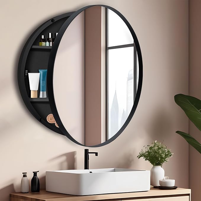 26 Inch Round Medicine Cabinet with Mirror, Black Farmhouse Bathroom Storage Cabinet, Metal Frame Circular Vanity Mirror Cabinet, Surface Mount Only – Ideal for Master Bathrooms