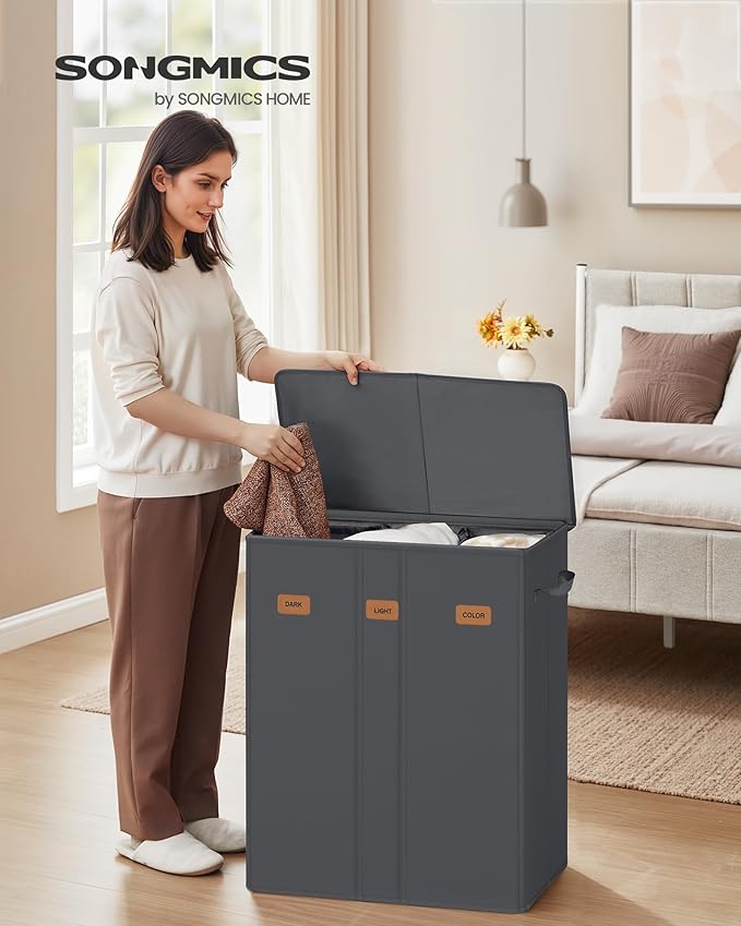 SONGMICS 47.6 Gallon (180 L) Laundry Hamper, 3-Compartment Laundry Basket Sorter with Lid, Labels, Removable Liner Bags, for Bedroom, Dark Gray URLH013G01