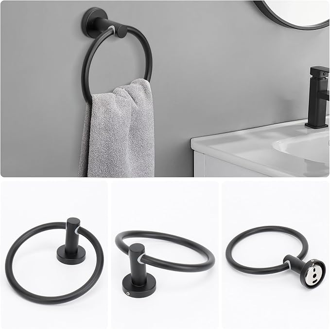 NearMoon 5 Pieces Bathroom Hardware Set SUS304 Thicken Stainless Steel-Towel Rack Kit Include 24" Towel Rod + Bath Towel Ring + Toilet Paper Holder + Robe Towel Hooks Bath Accessories (Matte Black)