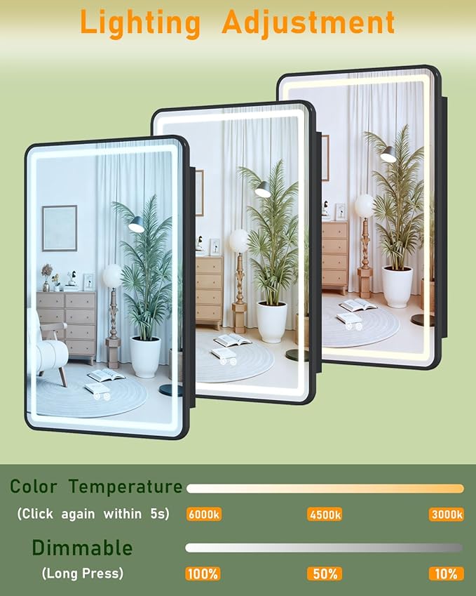 20x30 Inch LED Lighted Medicine Cabinet Mirror, Bathroom Mirror with Lights and Storage Wall Mounted & Recessed with Anti-Fog, Dimmable 3 Color Light with Memory, 3 Shelves & 1 Organizer Box, Black