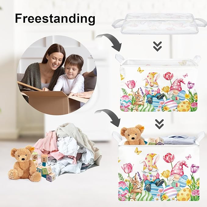 Clastyle Large Egg Rabbit Easter Basket Stuffers Butterfly Tulips Baby Gift Basket Empty Toy Nursery Bin Collapsible Spring Flower Clothes Storage Organizer for Bedroom,Gnome,40x30x30 cm
