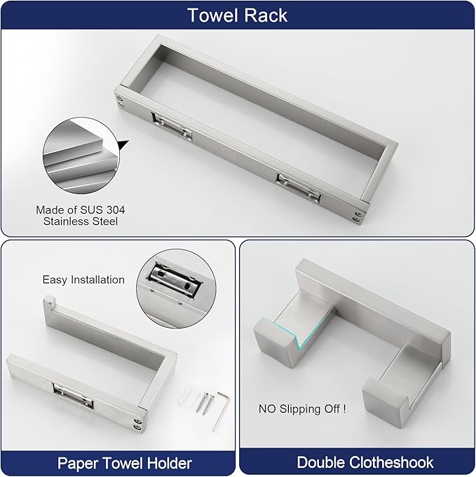 3 Pieces Brushed Nickel Bathroom Hardware Accessories Set,SUS304 Stainless Steel Towel Holder Set Towel Holder Robe Hook Toilet Paper Holder Wall Mounted