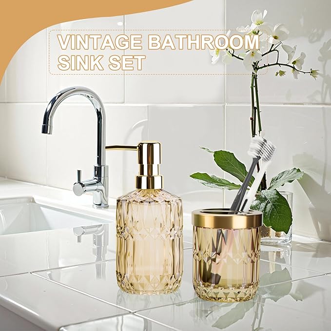 Glass Bathroom Accessories Set, 2PCS Clear Glass Bathroom Accessory, Toothbrush Holder and Soap Dispenser Set for Modern Bathroom Decor(Brown)