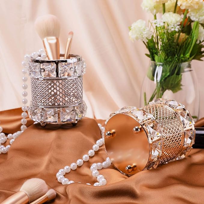 Barelove Crystal Makeup Brush Holder Organizer Cosmetics Brushes Storage Cup Handcrafted Pen Pencil Holder Storage Box Container, Valentine's Day Gifts (Gold, Column)
