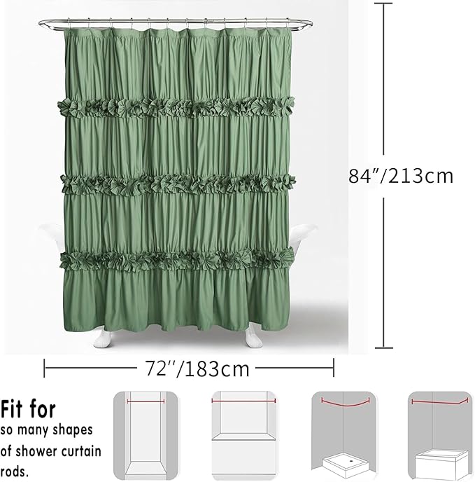 Light Green Ruffle Shower Curtain 72“ W x 84” H, Vintage Handcrafted Bow Tie Bath Curtain for Master Bathroom, Ruched Microfiber Bathroom Curtain with 12 Buttonholes (LQ-10)