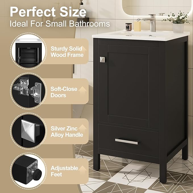 Virubi 20" Small Bathroom Vanity with Sink, Soft-Close Drawer and Door, Wood Modern Single Bathroom Sink Cabinet with Doors and Shelves, Adjustable Foot Pads, for Small Space (Black)
