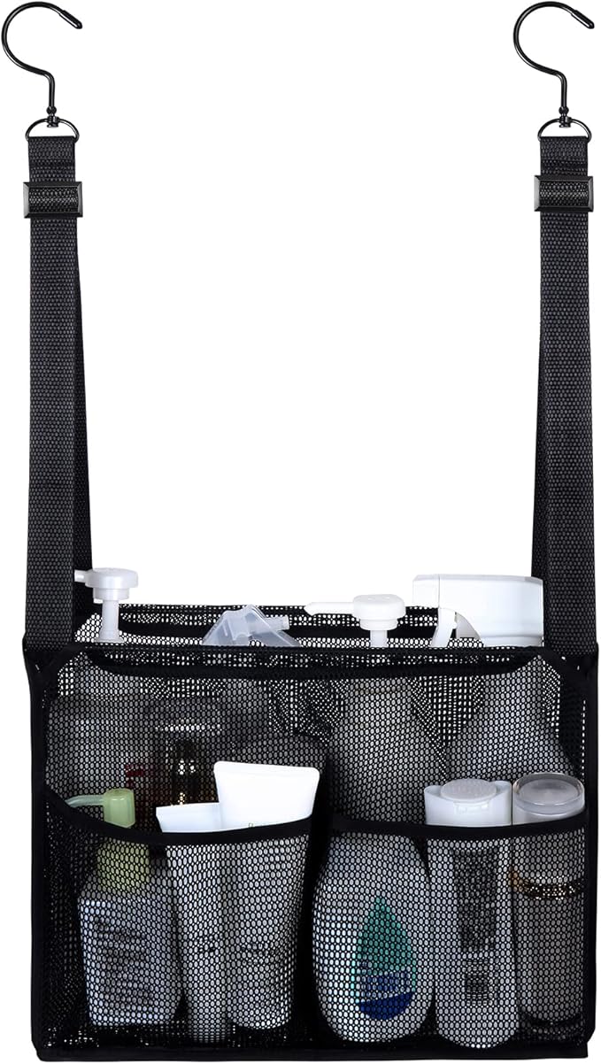 4 Storage Pockets Adjustable Hanging Mesh Bathroom Bag, Shower Caddy College with Hooks, Applied to College Dorm Rooms, Gym, Swimming and RV Travel (Black)