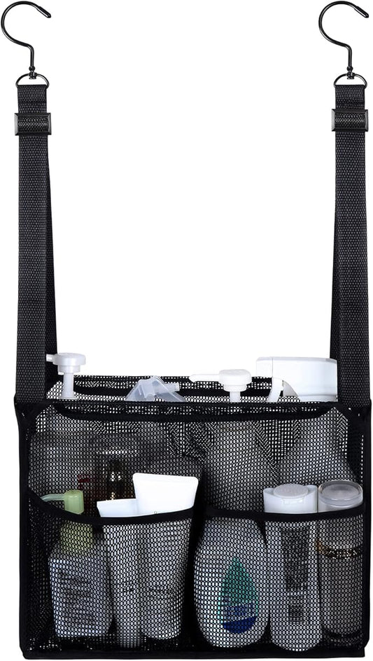 4 Storage Pockets Adjustable Hanging Mesh Bathroom Bag, Shower Caddy College with Hooks, Applied to College Dorm Rooms, Gym, Swimming and RV Travel (Black)