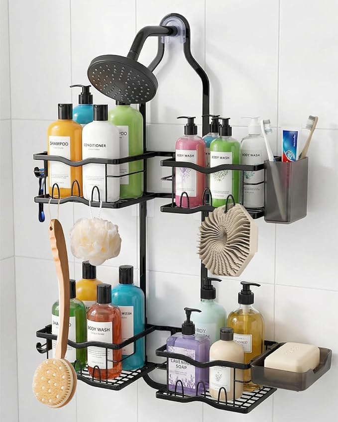 Shower Caddy Hanging – Rustproof Shower Organizer Hanging for Inside Shower – Over the Showerhead Rack with Soap Holder & Razor Hooks, No Drilling Bathroom Shower Shelves and Storage, Black