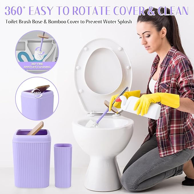 Light Purple Bathroom Accessories Set 17PCS Bathroom Set with Trash Can 3PCS Lotion Soap Dispenser, Toothbrush Holder, Soap Dish,Tumbler Cup,6PCS Wood Tags Bath Accessories with Tray for Bathroom