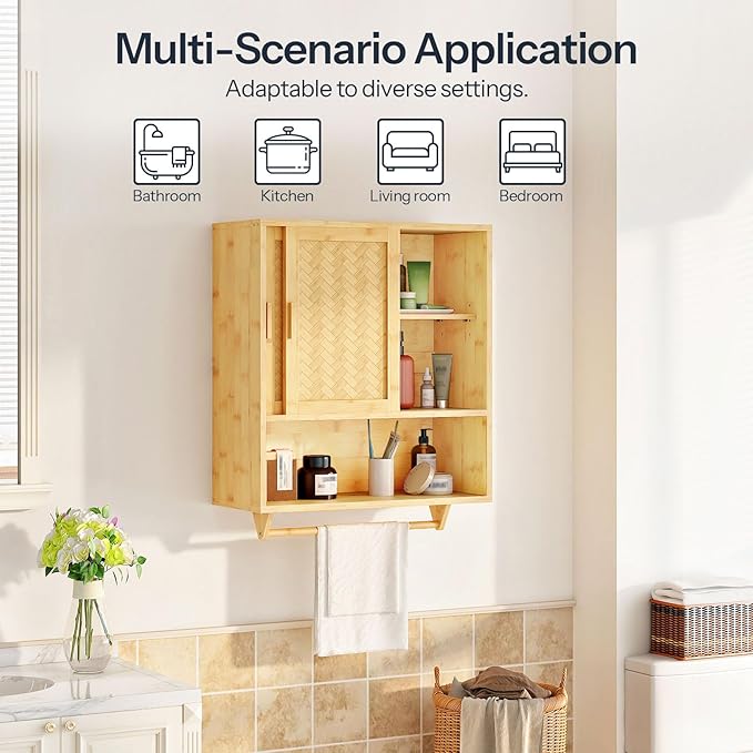 HOOBRO Bathroom Cabinet Wall Mounted, Bamboo Over Toilet Cabinet, Medicine Cabinet with Towels Bar & Adjustable Shelves, 23.6 x 7.9 x 28.5 Inches, for Bathroom, Laundry, Kitchen, Natural YL63CW01