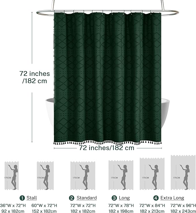 Dark Green Boho Shower Curtain Woven Fabric Cute Shower Curtain, 72 x 72 Tufted Chevron Textured Striped Modern Farmhouse Minimalist Cloth Shower Curtains for Bathroom