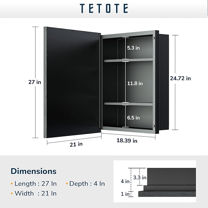 TETOTE White Medicine Cabinet Mirror 21" x 27" Aluminum Framed Surface or Recessed Wall-Mounted Bathroom Medicine Cabinets Beveled Mirror with Storage for Modern Farmhouse Bathroom