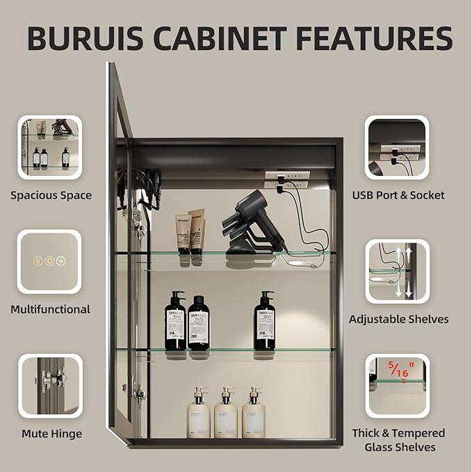 Buruis 20 x 28 Inch Medicine Cabinet with LED Lights and Mirror, Recessed/Wall Mounted Bathroom Cabinet, 3-Color Light, Defogger, Memory Function, Outlet & USB, Dimmer, Black