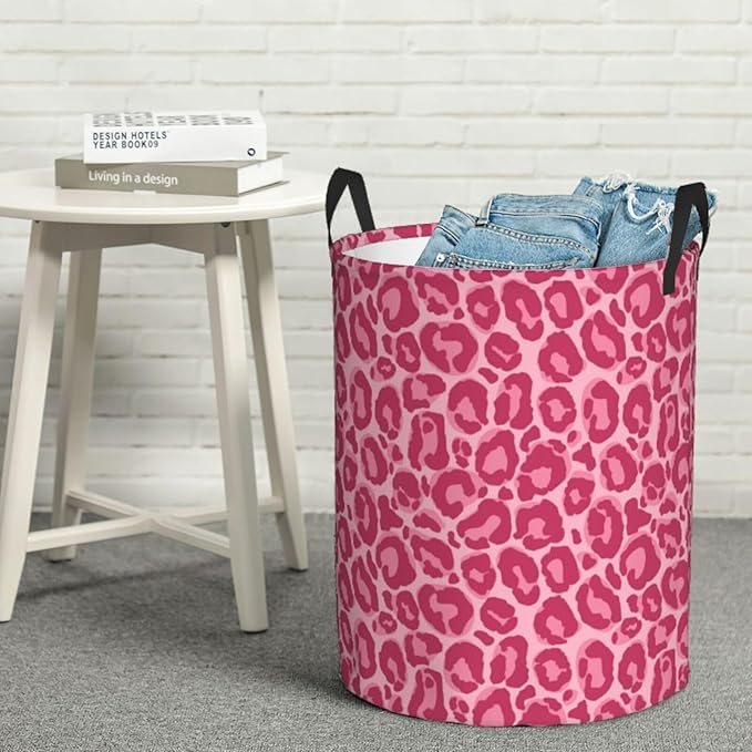 Pink Leopard Texture Round Laundry Hamper Storage Basket Toys Clothes Organizer Bin For Home Bathroom Bedroom Dorm Nursery, 62l