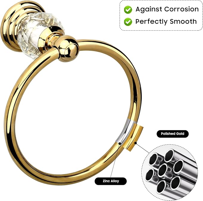 Crystal Gold Towel Ring, Gold Bathroom Towel Holder Ring, Golden Towel Rack Hanger Home Hand Towel Ring Towel Holder for Bathroom Wall Mounted Bathroom Accessory
