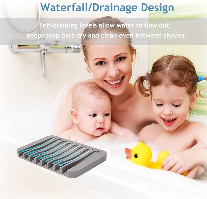 Self Draining Soap Dishes, 3 Pcs Silicone Waterfall Drainer Soap Holder for Bathroom, Extend Soap Life Keep Dry Clean & Easy Cleaning (Black)