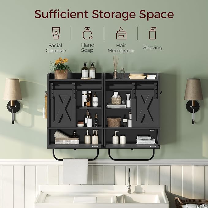MAHANCRIS Bathroom Wall Cabinet, Farmhouse Medicine Cabinets with Sliding Door, Wall Mounted Storage Cabinet with Adjustable Shelf and Towel Bar, for Bathroom, Living Room, Kitchen, Black