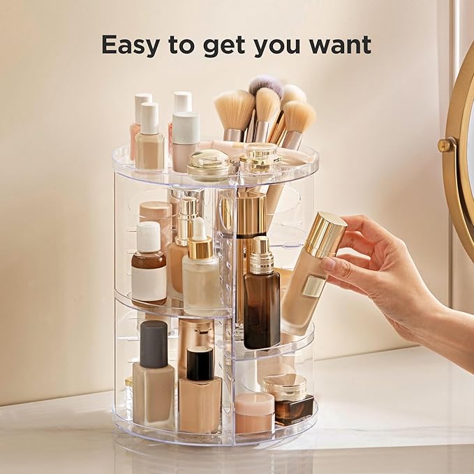 HBlife 360 Rotating Makeup Organizer Adjustable Carousel Small Capacity Revolving Perfume Organizer Skincare Organizers Cosmetic Storage Spinning Holder for Vanity, Clear
