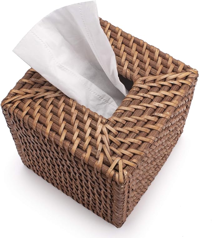 Rattan Tissue Box Cover Natural Woven Facial Napkin Holder Square (Honey Brown, 5.5x5.5x5.9 Inch)