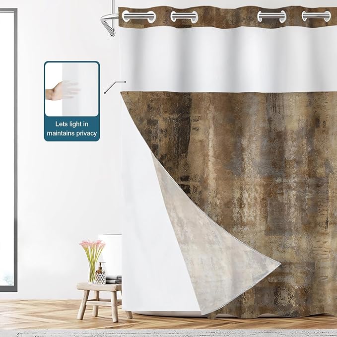 Shrahala Brown Abstract Art No Hooks Shower Curtain with Snap in Liner Set, Grey Acrylic Bathroom Décor Polyester Fiber Waterproof for Stall Bathtubs 54 X 80 in