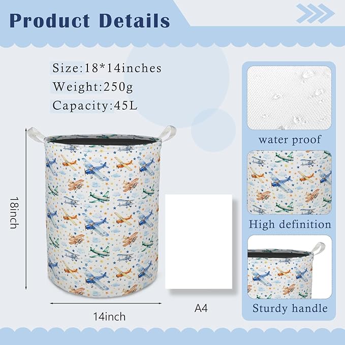 Retro Airplane Nursery Laundry Basket Hamper, Airplane Decor for Boys Room, Space Star Cloud Foldable Clothes Toys Books Storage Box Bins Baskets Organizer for Boys Kids Room Playroom