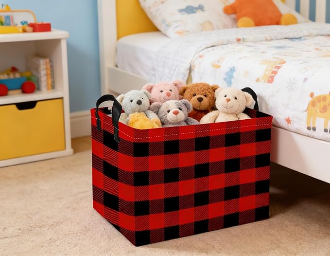 Rectangular Kids Baskets Red grid Basket Cute Storage Bins Organizer Box Boys Room Decor for Home.(Red grid)