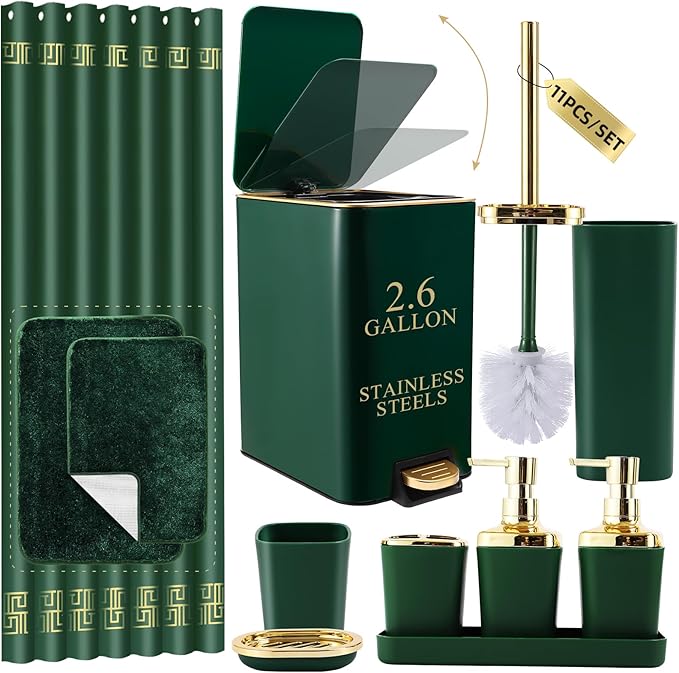XLHOMO Bathroom Sets with Shower Curtain and Rugs Bathroom Accessories Set Hunter Green Bathroom Set,Soap Dispenser & Toilet Brush Holder Set with Stainless Steel Trash Can