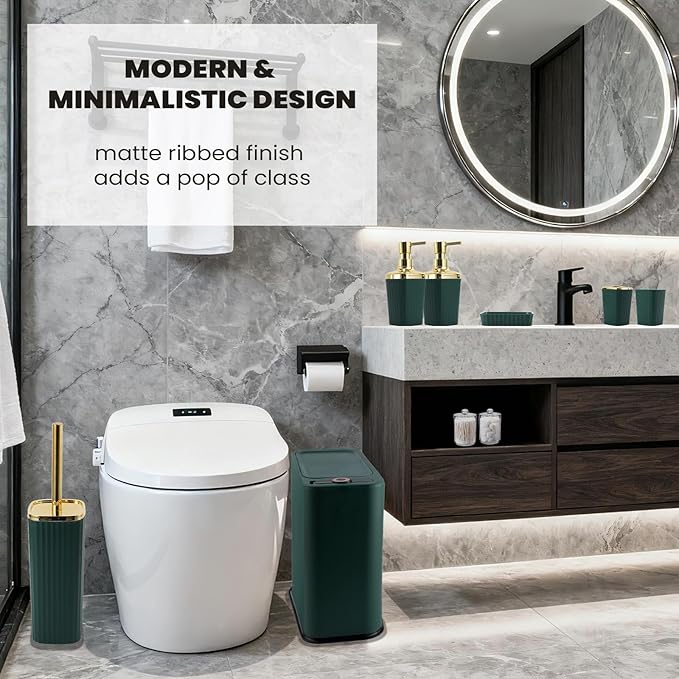 XLHOMO 9-Piece Dark Green Bathroom Accessories Set - Slim Pop-up Trash Can with Lid, Toilet Brush, Soap Dispenser & Apothecary Jars - Luxury Emerald Decor for Small Spaces
