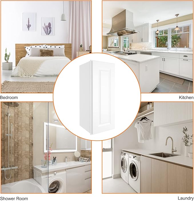 ROOMTEC Wood Wall Cabinet,RTA Single Door Medicine Cabinet with Adjustable Shelves and Soft-Close Door for Kitchen, Bathroom, and Laundry. 12" D*15" W*36" H, Traditional White