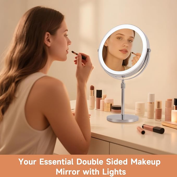 1X/15X Magnifying Makeup Mirror with Lights - 9" Large Dual-Sided Vanity Mirror with 3 Color Lights for Women's Travel Cosmetic Mirror | 3000 mAh-USB Rechargeable | 360° Rotation | Adjustable Height