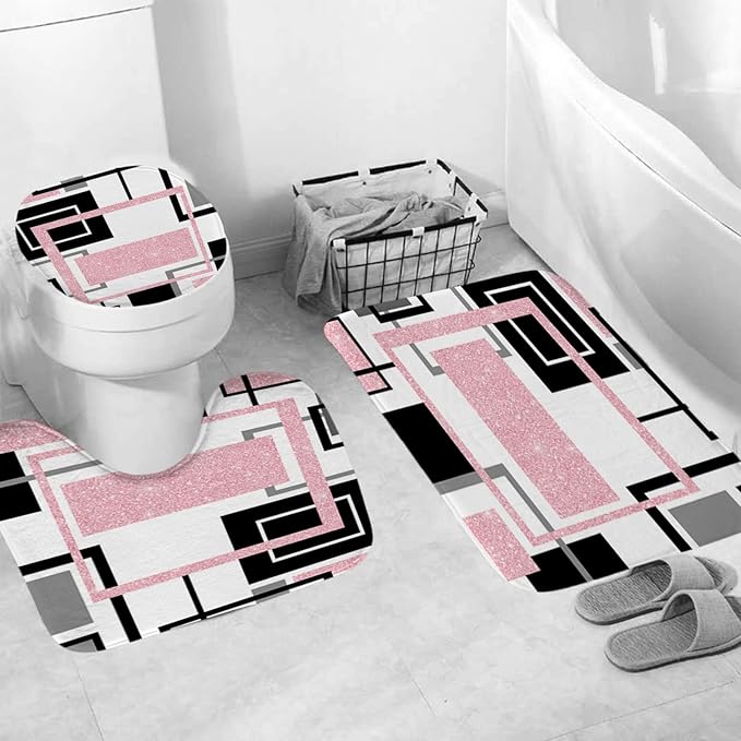 Onalasyc 4Pcs Pink Geometric Shower Curtain with Rugs Set Waterproof Pink Bathroom Sets with Shower Curtain and Rugs Abstract Geometric Modern Bathroom Curtains Shower Set with 12 pcs Hooks