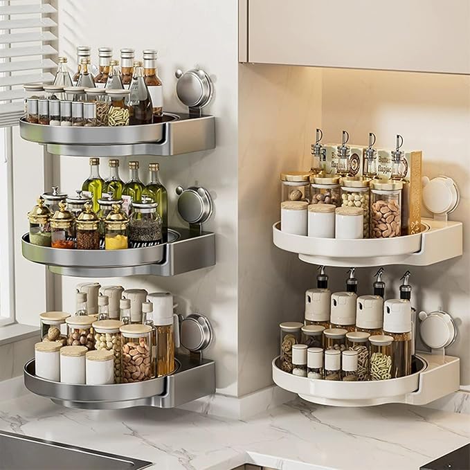 Efficient Suction Cup Mounted Organizers for Cabinets and Pantries Featuring 360 Rotation for Easy Item Access Drillless Bathroom Shelf