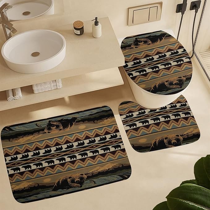 Vintage Farmhouse Bear 4 Piece Shower Curtain Sets, Non-Slip Rugs, Toilet Lid Cover and Bath Mat, Durable and Waterproof, for Bathroom Decor Set One Size