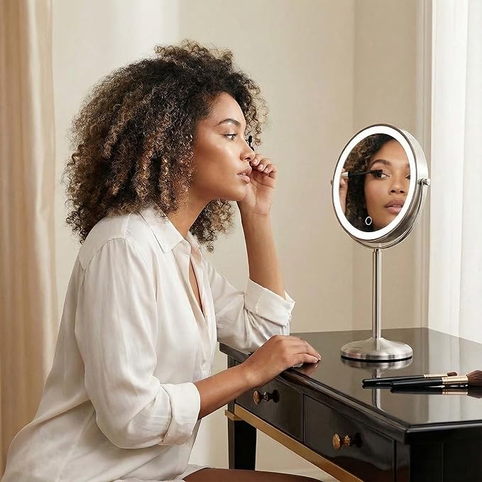 Fancii 9-Inch Lighted Makeup Mirror Height Adjustable with 10X /1X Magnification - Rechargeable, Double Sided LED Vanity Mirror with Light and Stand, 360° Swivel