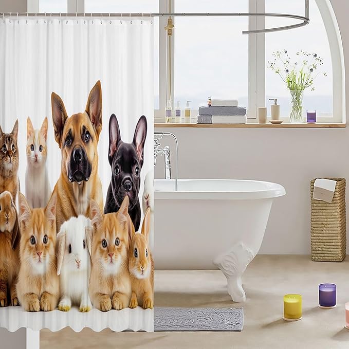 Feelyou Kids Dog Shower Curtain Puppy Cat Kitten Pattern Bathroom Shower Curtain Set for Boys Teens 3D Pet Animal Bath Curtain Cute Stalls Waterproof Curtain Bathtubs Decor 72"x72"