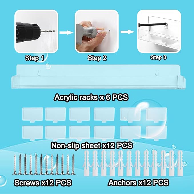 6 Pack Nail Polish Rack, Wall Mounted Organizer Shelf With Removable Anti-slip End Inserts, Clear Acrylic Display Holder for 90 Bottles