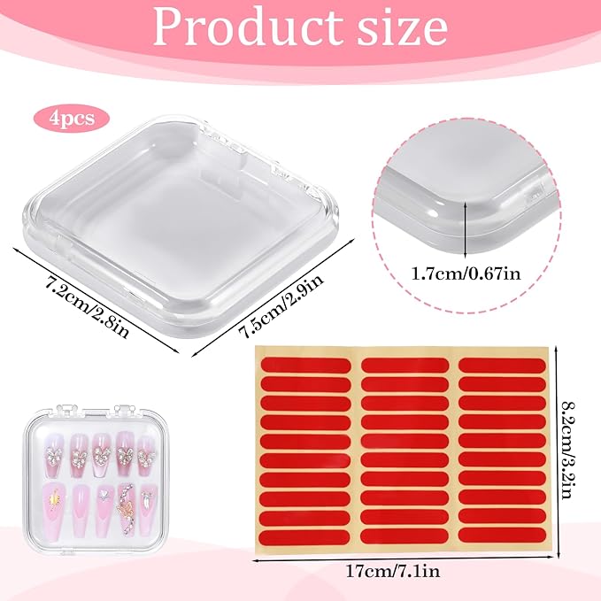 4PCS Press on Nail Storage Box Container with 30PCS Adhesive Double Sided Tape for Fake Nails Storage Case, False Nail Container Artificial False Nails Box Organizer for Business Art Salon