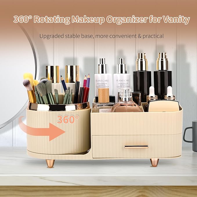 Beborxue 360?? Rotating Makeup Organizer for Vanity with Drawers, Large Capacity Cosmetic Display Case, skincare organizer, Cosmetic Organizer for Lipstick, Skincare, Brushes, Eyeshadow, (Rice White)