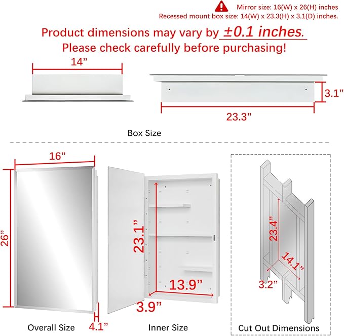 Fundin White Medicine Cabinet Recessed or Surface Mount, Bathroom Medicine Cabinet with 16 x 26 Beveled Mirror and Adjustable Staggered Shelves