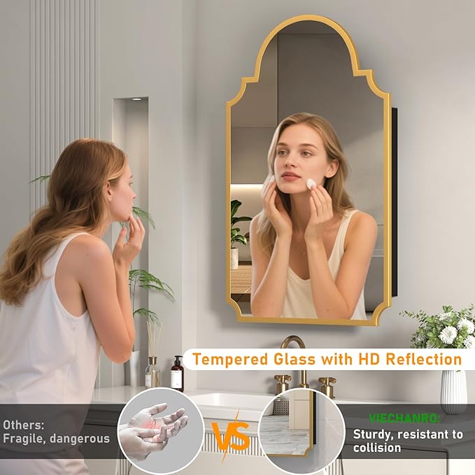 20"x32" Medicine Cabinet with Mirror, Recessed and Surface Mount Medicine Cabinets for Bathroom, Bedroom, Full Metal, Unique Art Arched Mirror with Storage, 2 Shelves and 1 Organizer Box, Bling Gold